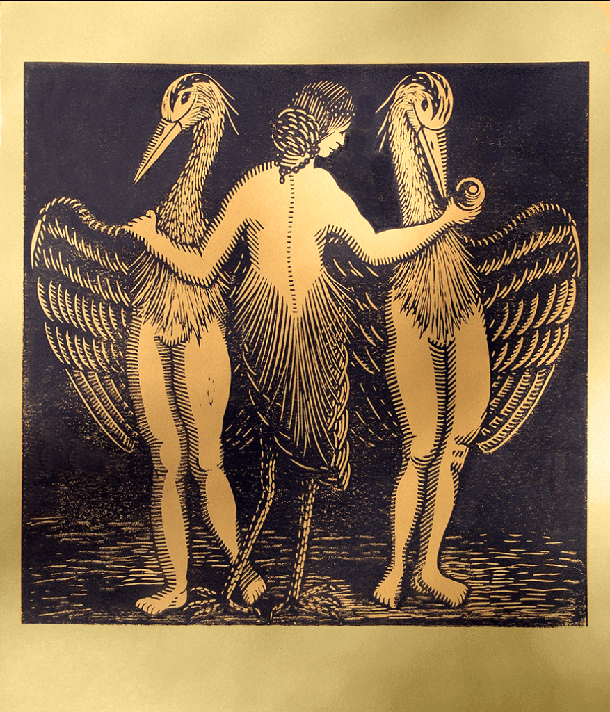 lino-cut print of three bird-human figures