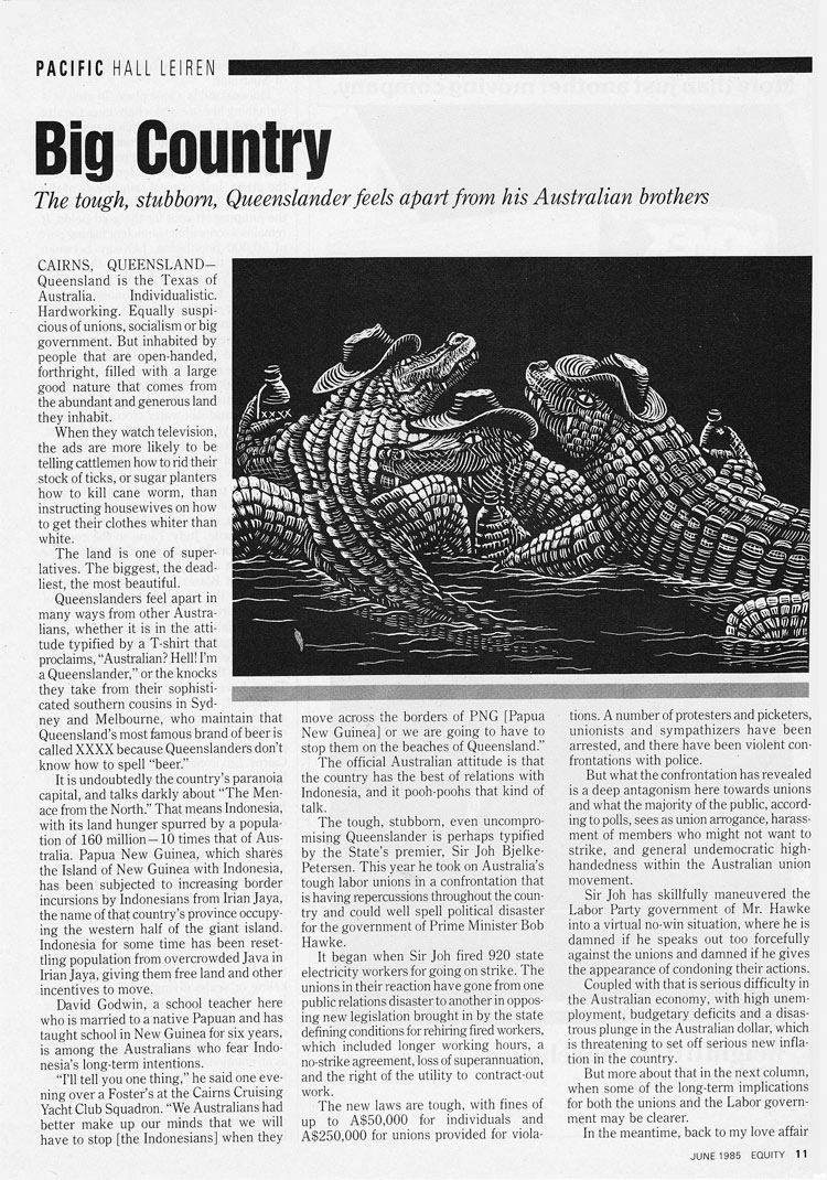Newspaper article with illustration of crocodiles wearing dungaree hats.