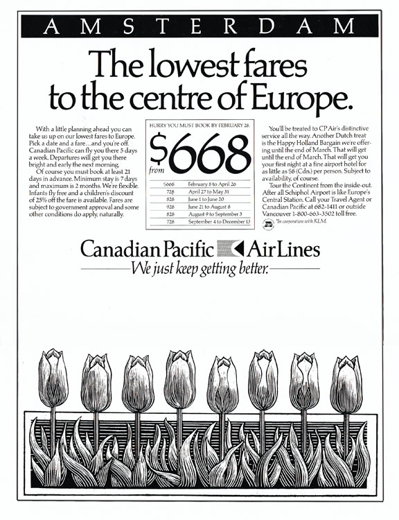 Illustration by Marion Lea Jamieson, of Poster airfare to Amsterdam featuring a row of tulips.