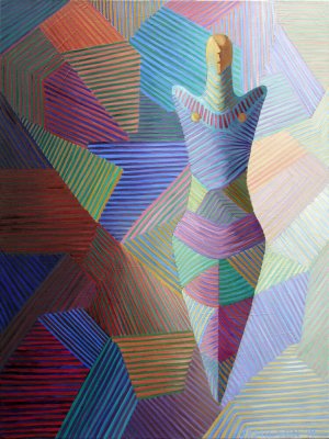 From Time to Time colourful oil painting on canvas with stylized female figure from Neolithic image.