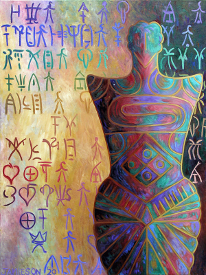 Colourful oil painting on canvas of a prehistoric female figure