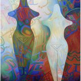 Here & Now oil painting on canvas with stylized female figures inspired by Neolithic age