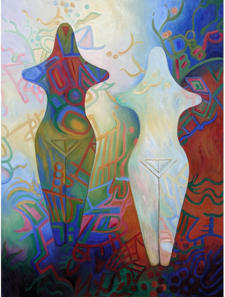 Here & Now oil painting on canvas with stylized female figures inspired by Neolithic age