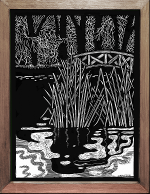 B&W print of a pond with a bridge