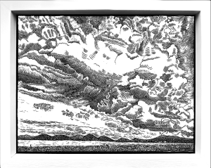 B&W print of storm clouds looming over a beach