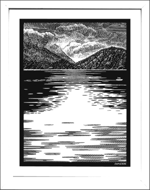 black and white print of Alberni Inlet on the West Coast of Vancouver Island, BC