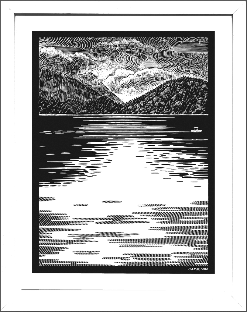 black and white print of Alberni Inlet on the West Coast of Vancouver Island, BC