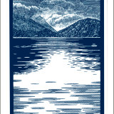 dark teal-blue print of seascape in Alberni Inlet on Vancouver Island, BC.