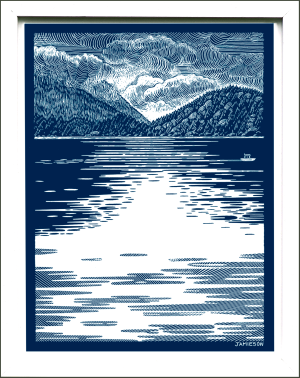 dark teal-blue print of seascape in Alberni Inlet on Vancouver Island, BC.