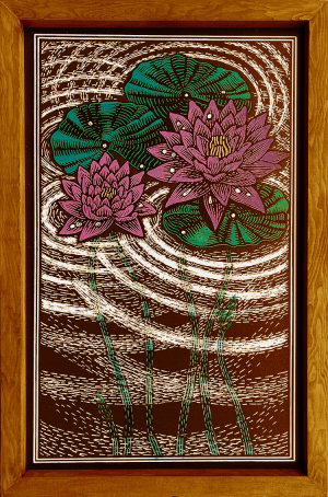 Print of Pink Lily Pads in a pond with dark brown water. Stained brown wood frame.