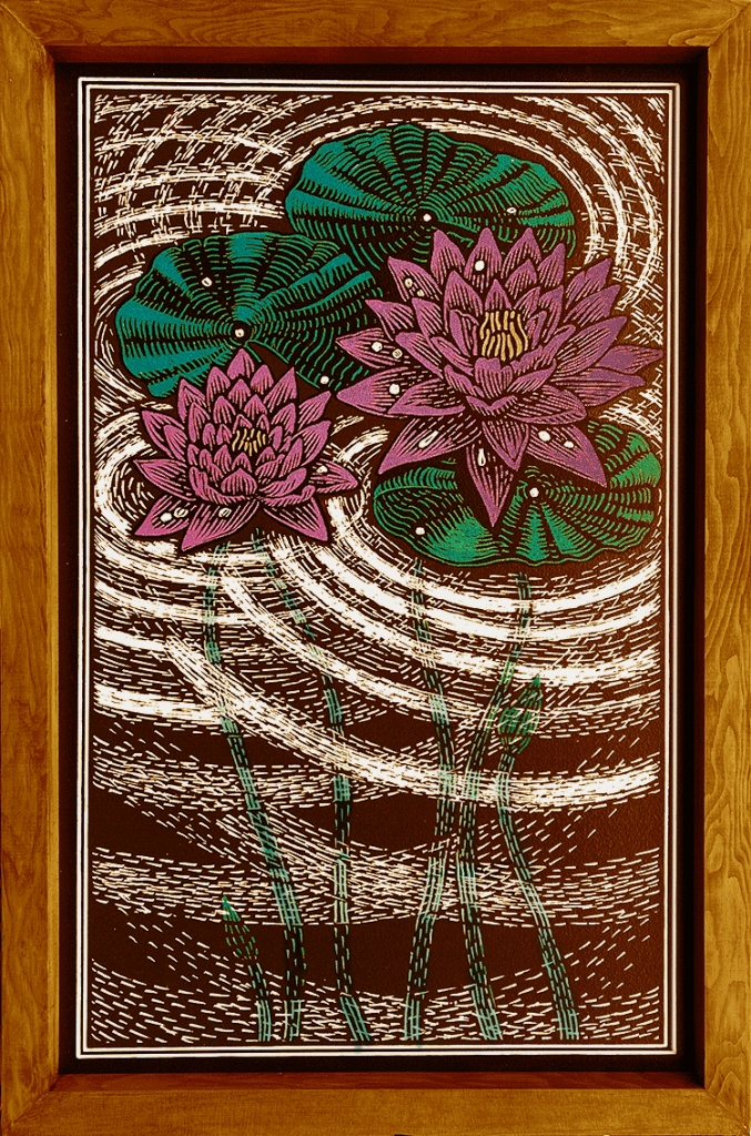 Print of Pink Lily Pads in a pond with dark brown water. Stained brown wood frame.