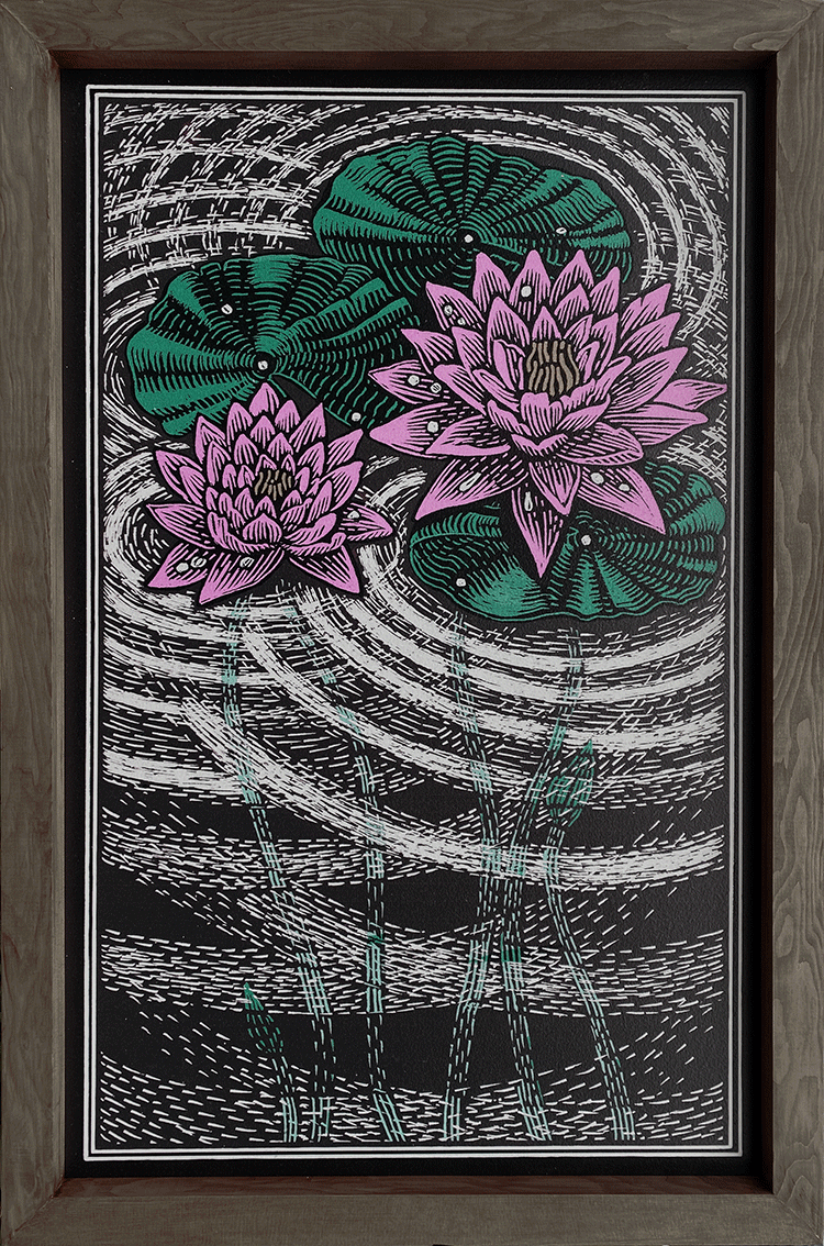 Print of Pink Lily Pads in a pond with dark brown water. Stained brown wood frame.