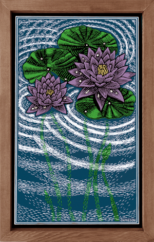 Purple Lily Pads printing inks on board unique dark-blue, green and purple print of Lily Pads