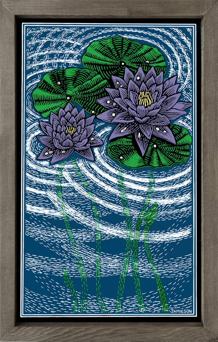 Purple Lily Pads printing inks on board unique dark-blue, green and purple print of Lily Pads