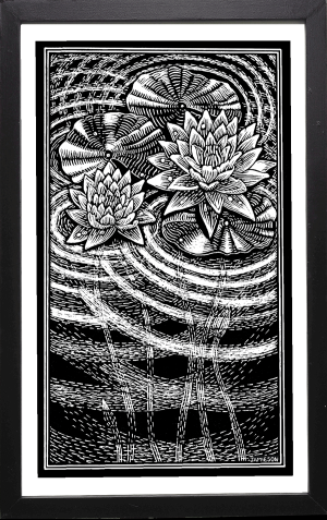 unique black and white print of Lily Pads in a pond with reflections