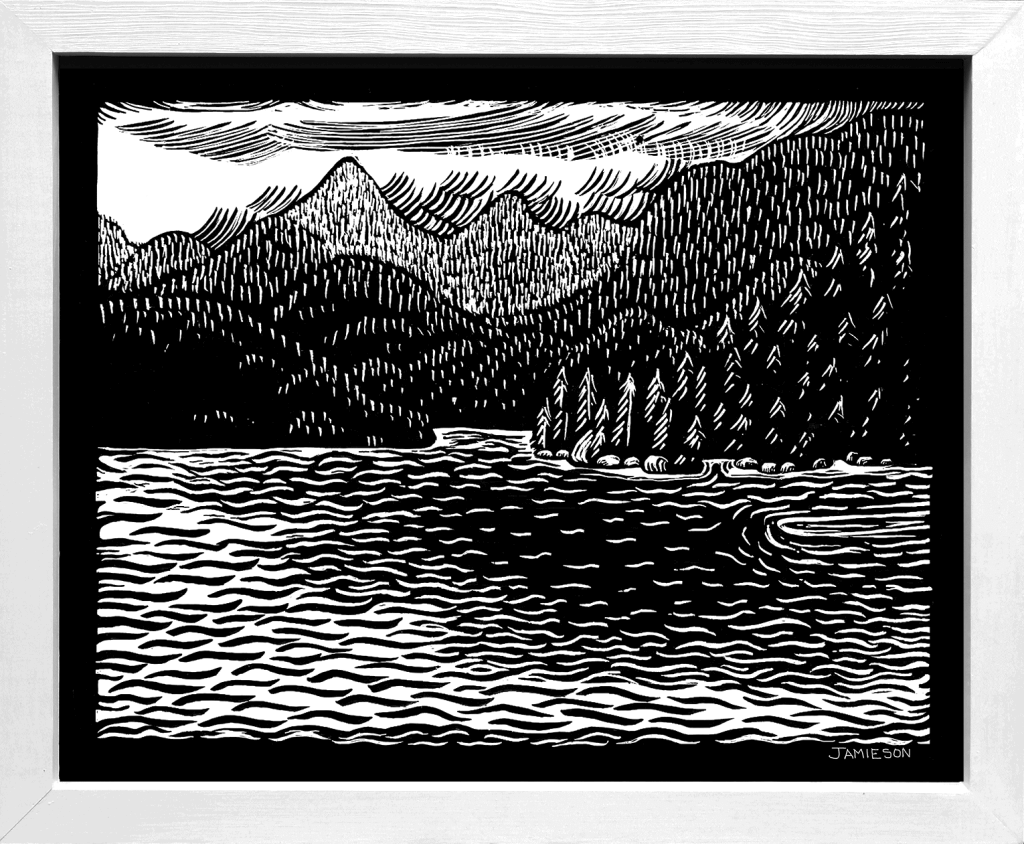 Mountains & Bay unique black & white print of a West Coast landscape