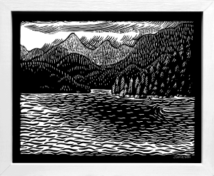 Mountains & Bay unique black & white print of a West Coast landscape