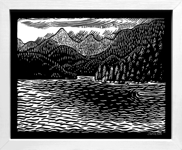 Mountains & Bay unique black & white print of a West Coast landscape