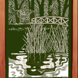 green monochrome print of a pond with a bridge and a stained wood frame