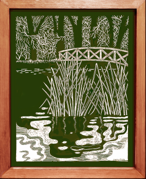 green monochrome print of a pond with a bridge and a stained wood frame