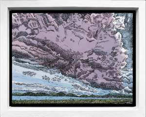print of a mauve & blue storm clouds gathering over a beach