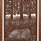 monochrome brown print of a deer resting under maple trees