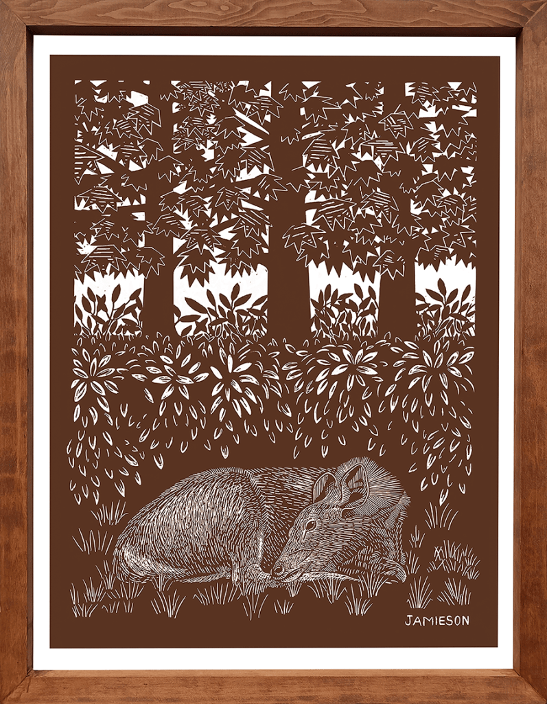 monochrome brown print of a deer resting under maple trees