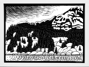 B&W print of a rocky shore on the Sunshine Coast of British Columbia