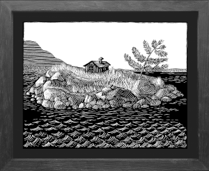 B&W print of a small island in Sunset Cove on the Sunshine Coast of BC