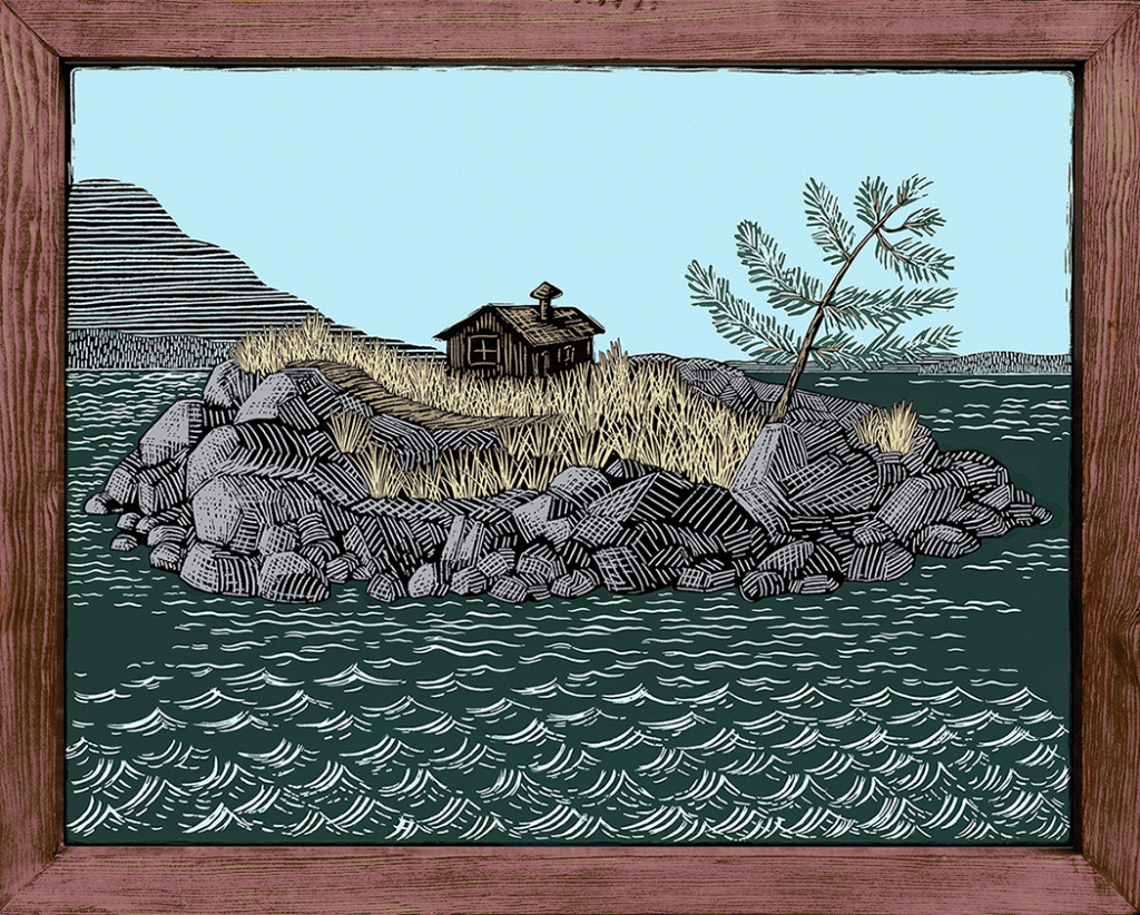 print of a small rocky island with a cabin and a tree in blues, greens & light golds.