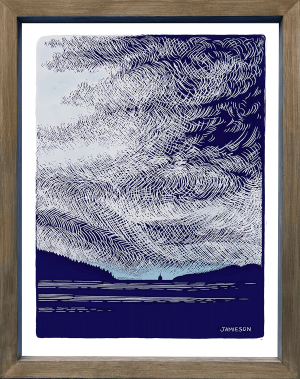 This unique dark blue and mauve print was created  from an original sketch done of a storm brewing off the coast of Vancouver, British Columbia.