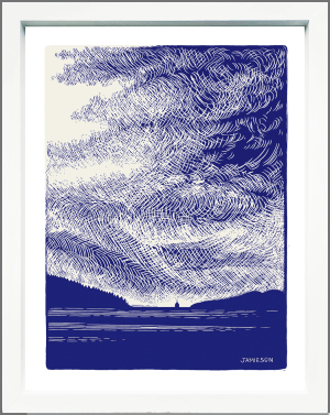 This unique dark blue & light yellow print was created  from an original sketch done of a storm off the coast of Vancouver, British Columbia.