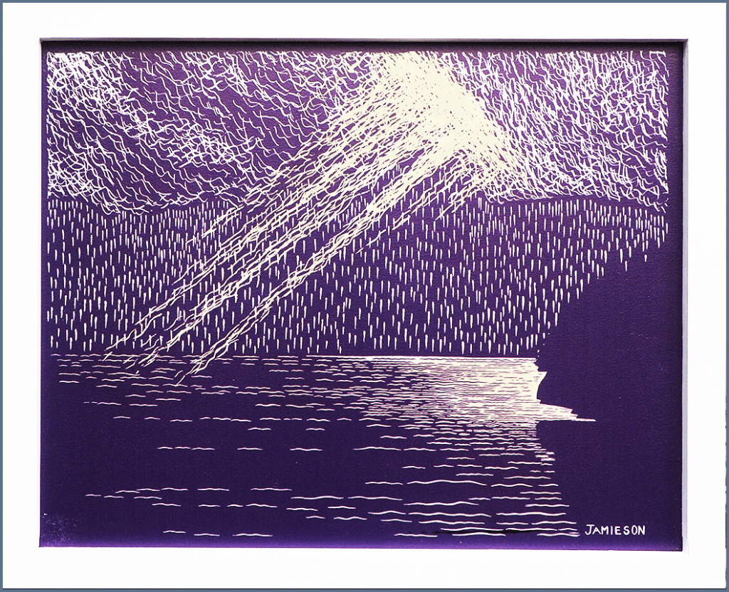 This unique print in dark purple & light yellow was created from an original sketch done from the ferry leaving Horseshoe Bay off the coast of Vancouver, British Columbia.