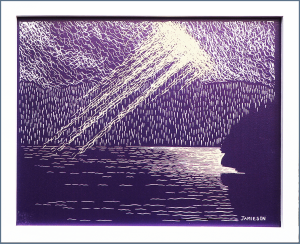 This unique print in dark purple & light yellow was created from an original sketch done from the ferry leaving Horseshoe Bay off the coast of Vancouver, British Columbia.