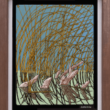 print on wood of yellow swamp grasses and stumps in a pond