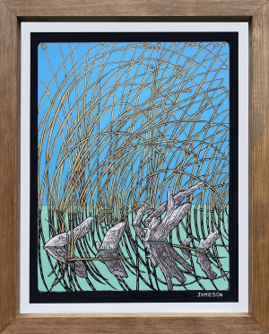 print on wood of yellow swamp grasses and stumps in a pond