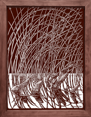 This unique dark brown print was created  from an original sketch of  a pond with an interesting pattern of grasses and submerged stumps