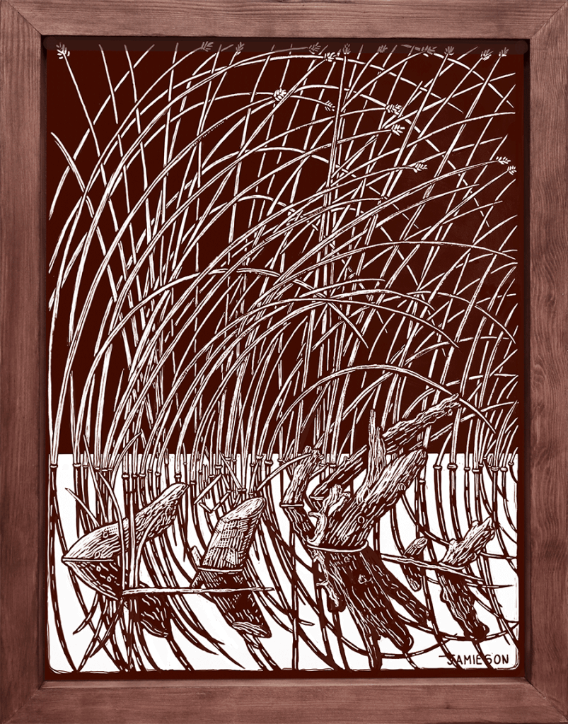 This unique dark brown print was created from an original sketch of a pond with an interesting pattern of grasses and submerged stumps
