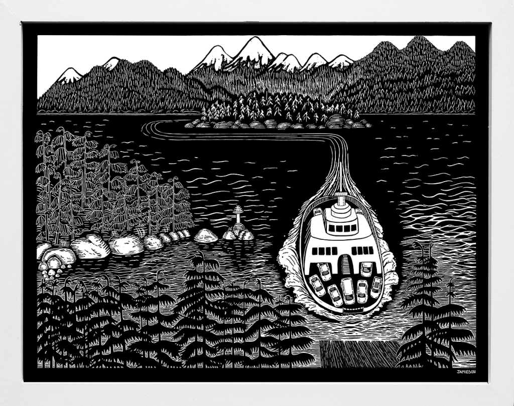 Back & white print of a ferry coming into dock
