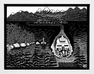 Back & white print of a ferry coming into dock