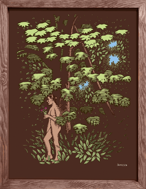 brown & green print of a woman walking under a maple tree