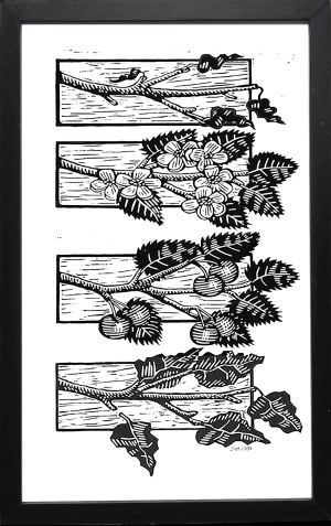 B&W print of a branch in 4 seasons