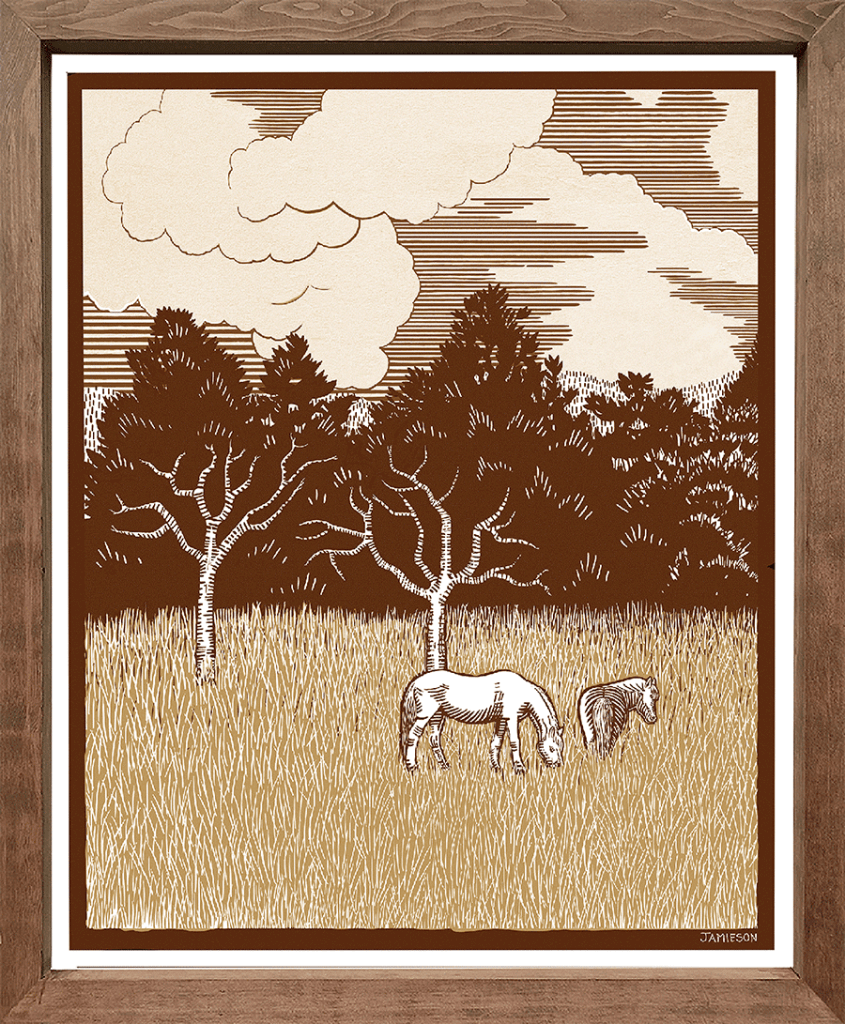 Print of two ponies in a field