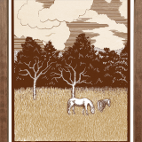 Sepia tone print of two ponies in a field