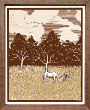 Sepia tone print of two ponies in a field