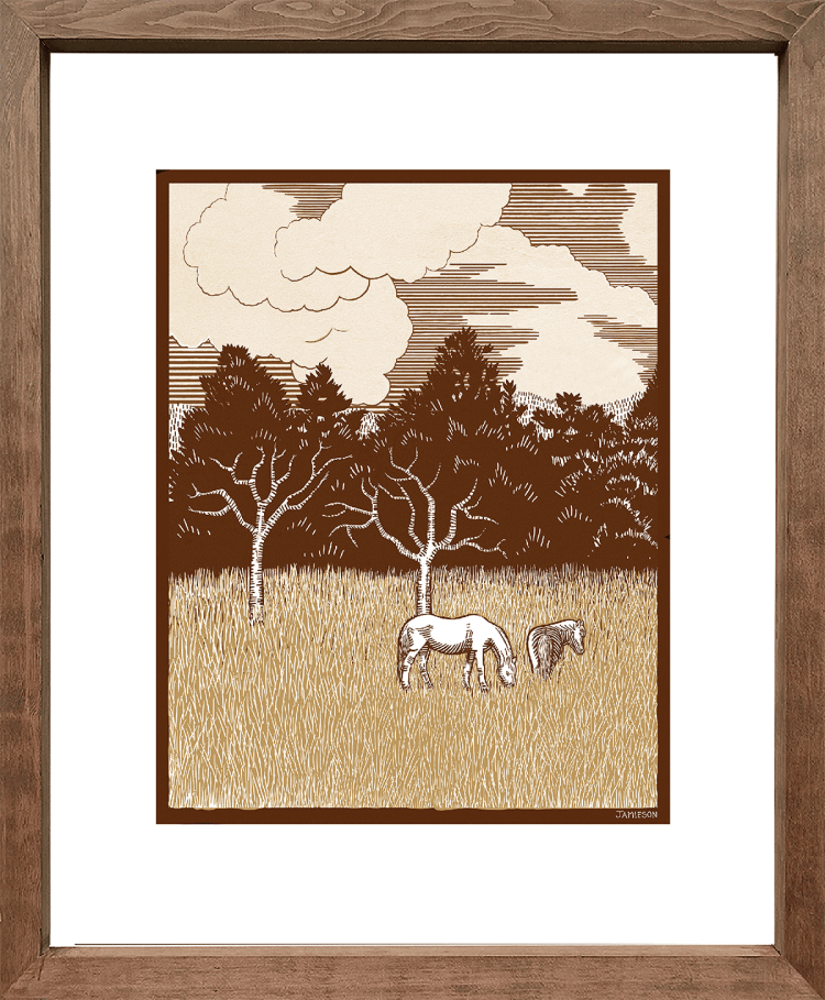 Sepia tone print of two ponies in a field