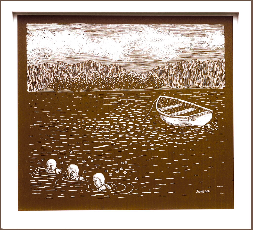 Print of 3 ladies with bathing caps swimming on a beach
