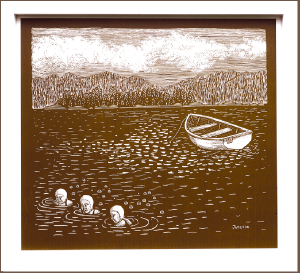 Print of 3 ladies with bathing caps swimming on a beach