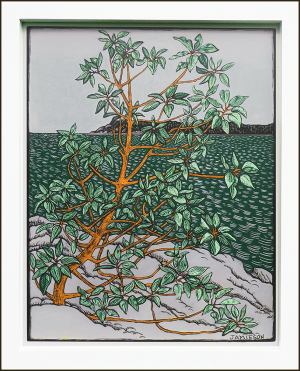 print of an arbutus tree on a rocky bluff by the ocean in green grey and rust colours