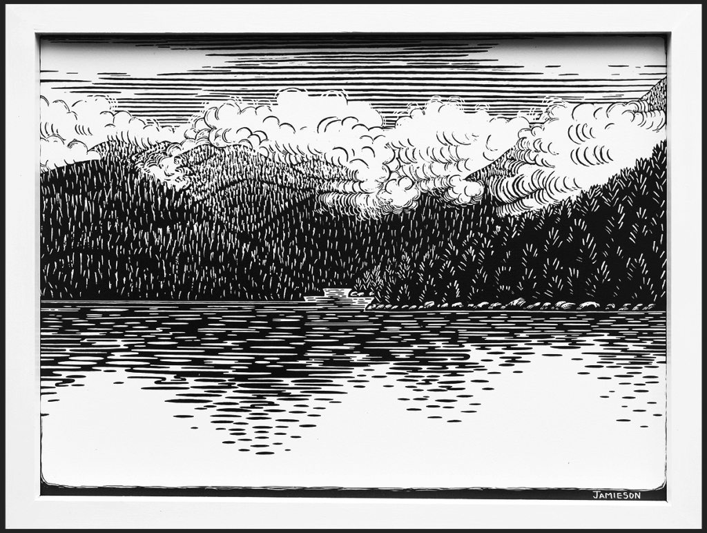 Clouds over Bay black & white print on wood of BC West coast